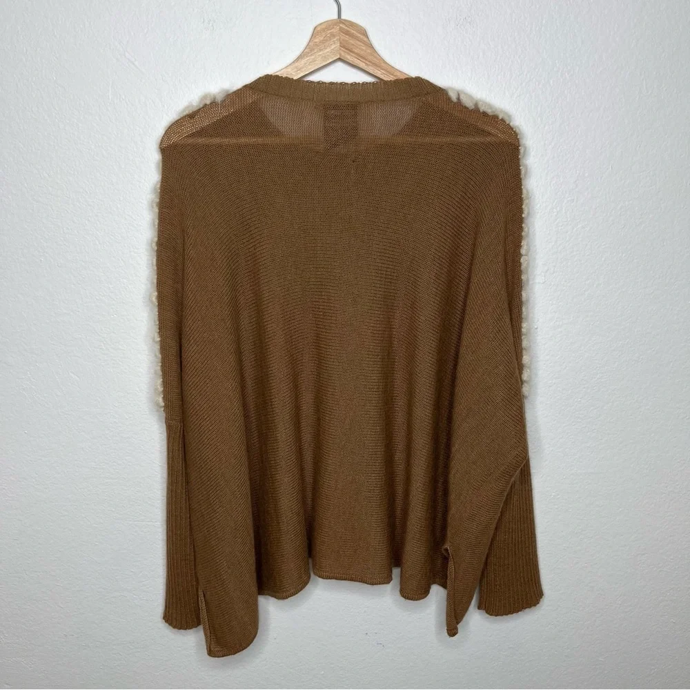 Escvdo Hand Wool Shoulder Embroidered Knit Sweater Brown Size Small